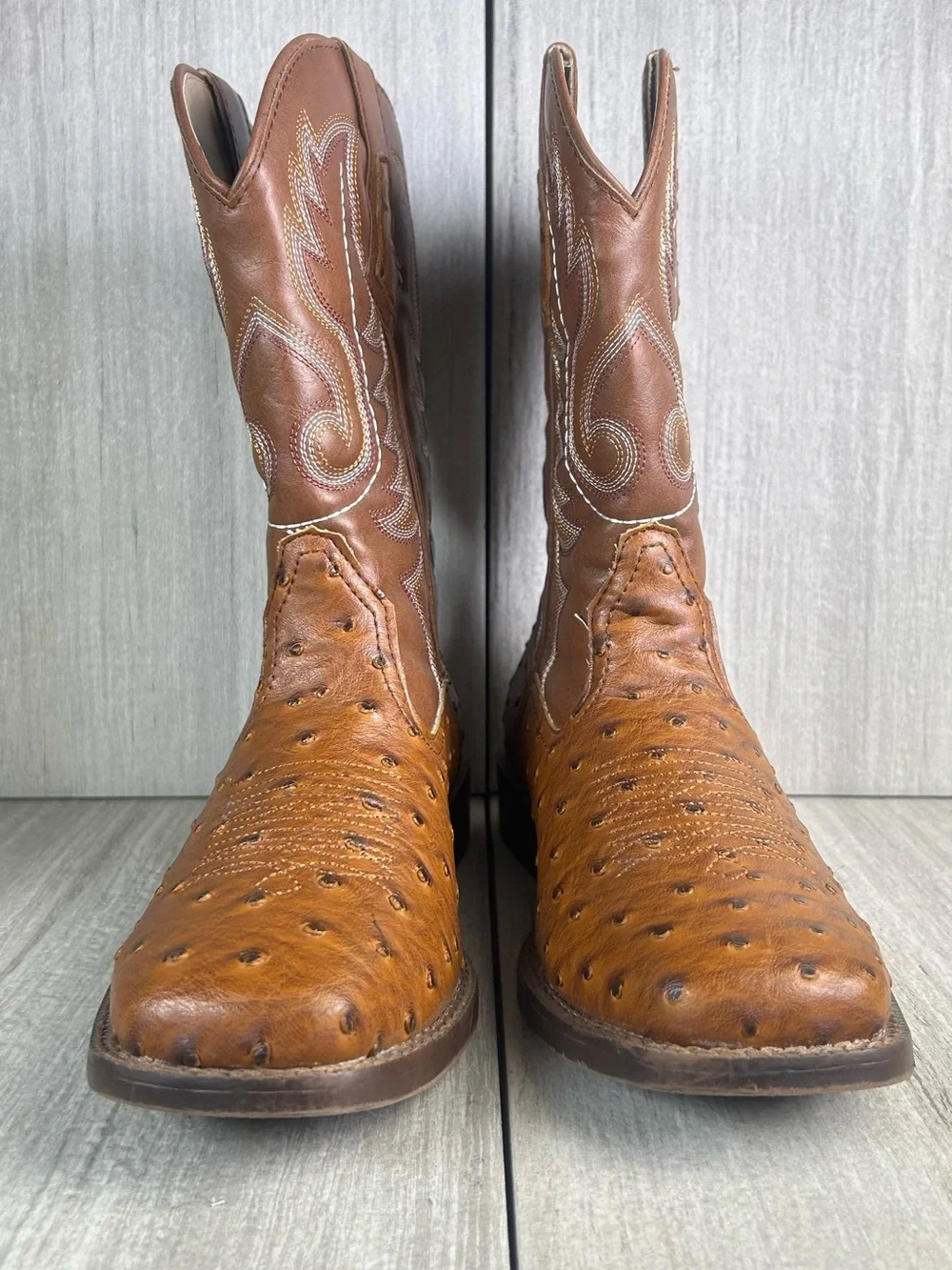 Roper Brand Faux Ostrich Leather Broad Square Toe Cowboy Boot Mens Size 8.5